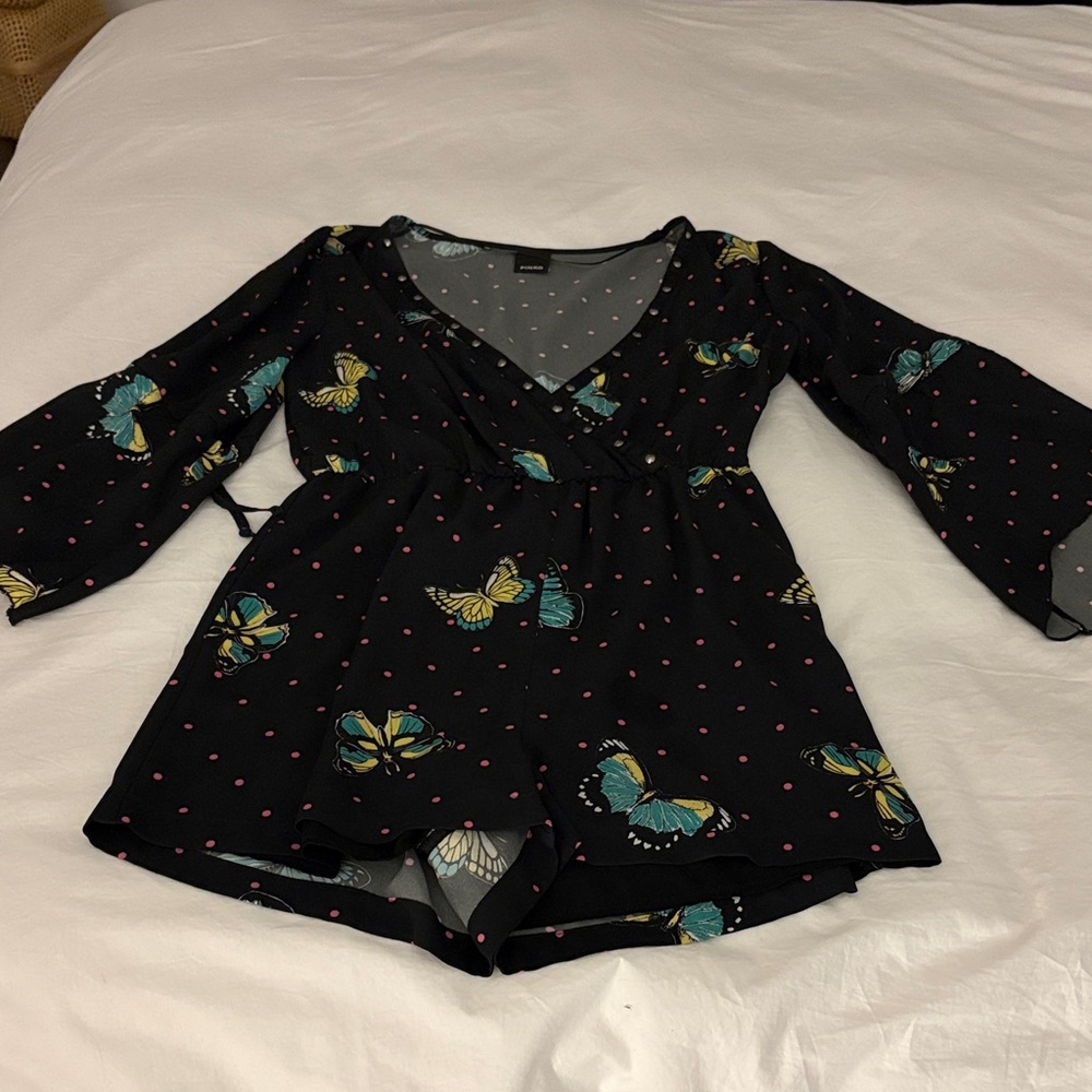 Pinko Black Mini Jumpsuit with Butterfly and Pink Polka Dot Design